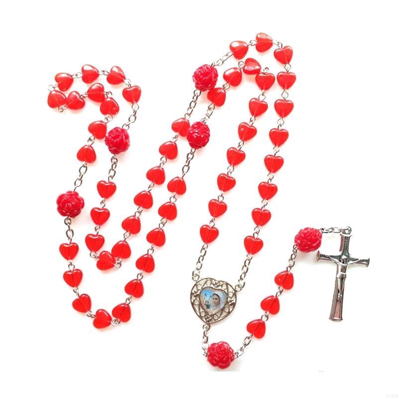 62KD Red Hearts Catholic Rosary Necklace Beads Holy Figure Jesus Hanging Pendant Charm for Women Men Church Decoration Gift