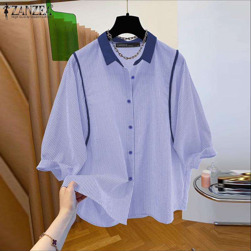 ZANZEA Women Turn Down Collar Loose Casual 3/4 Sleeve Stripe Blouse