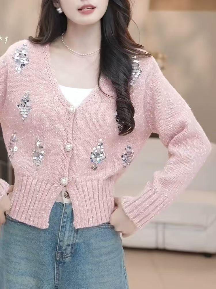 Women s Cozy Knit V-Neck Cardigan - Autumn/Winter Korean Style Outerwear Large розовый
