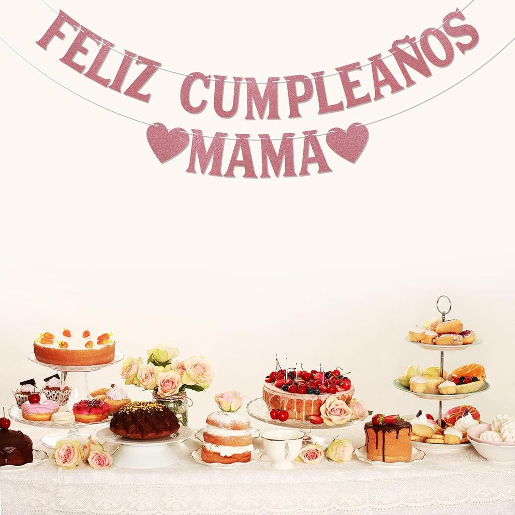 Feliz Cumpleaños Mama Banner - Spanish Happy Birthday Mom Banner, Mexican Fiesta Theme Mom' Birthday Mother's Day Party Decorations Rose Gold
