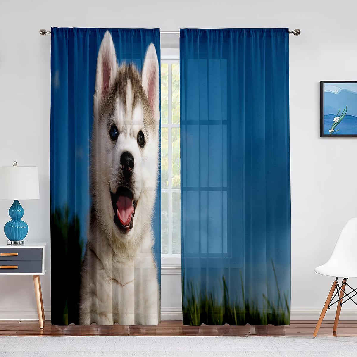 

Пара собак, лежащих на цветах, лавандовые тюлевые шторы для гостиной, спальни, кухни, декор, шифоновая прозрачная вуаль, оконная занавеска 1 PCS W100XH250cm&Grommet Top