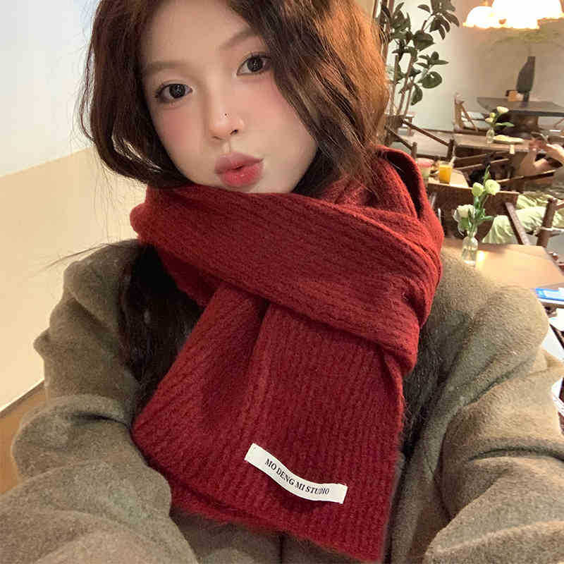 Red Knitted Woolen Scarf Women'S Winter Simple Luxury Solid Color Warm Neck