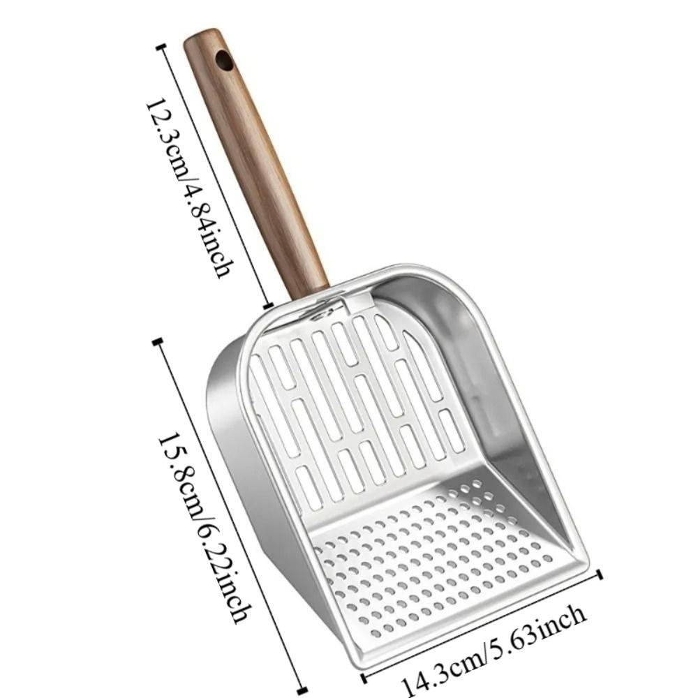 Stainless Steel Cat Litter Scoop Long Handled Hollow Design Pet Waste Picker Wooden Handle Easy Clean Litter Box Shovel