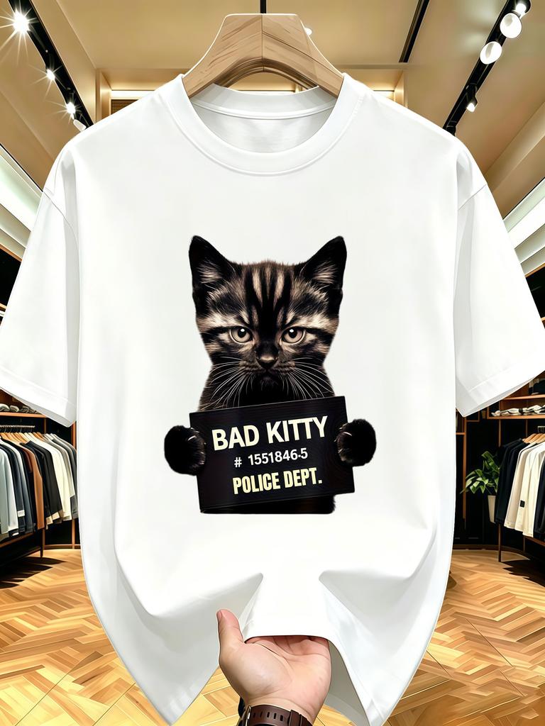 Unisex O Neck Tee Bad Kitty Police Mugshot Cat Print Cotton Short Sleeve Loose Summer Street Breathable Daily Casual Basic Wear Top