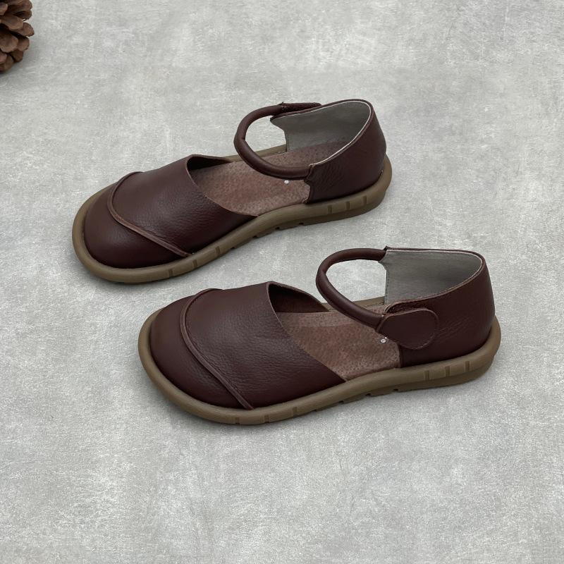 Johnature Sandálias rasteiras retrô artesanais de couro genuíno, casuais, versáteis, confortáveis, sola macia, sapatos femininos