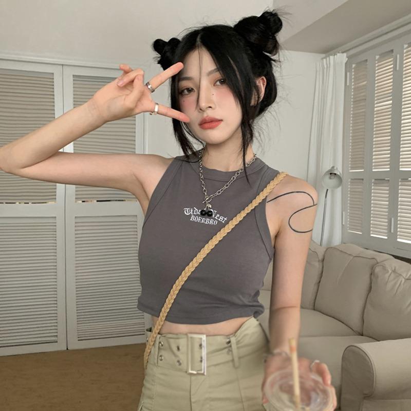 Women's Temperament Slim Tank Top With Chest Pad  Girly Round Neck Letter Embroidery Sleeveless Casual Sport Crop Top
