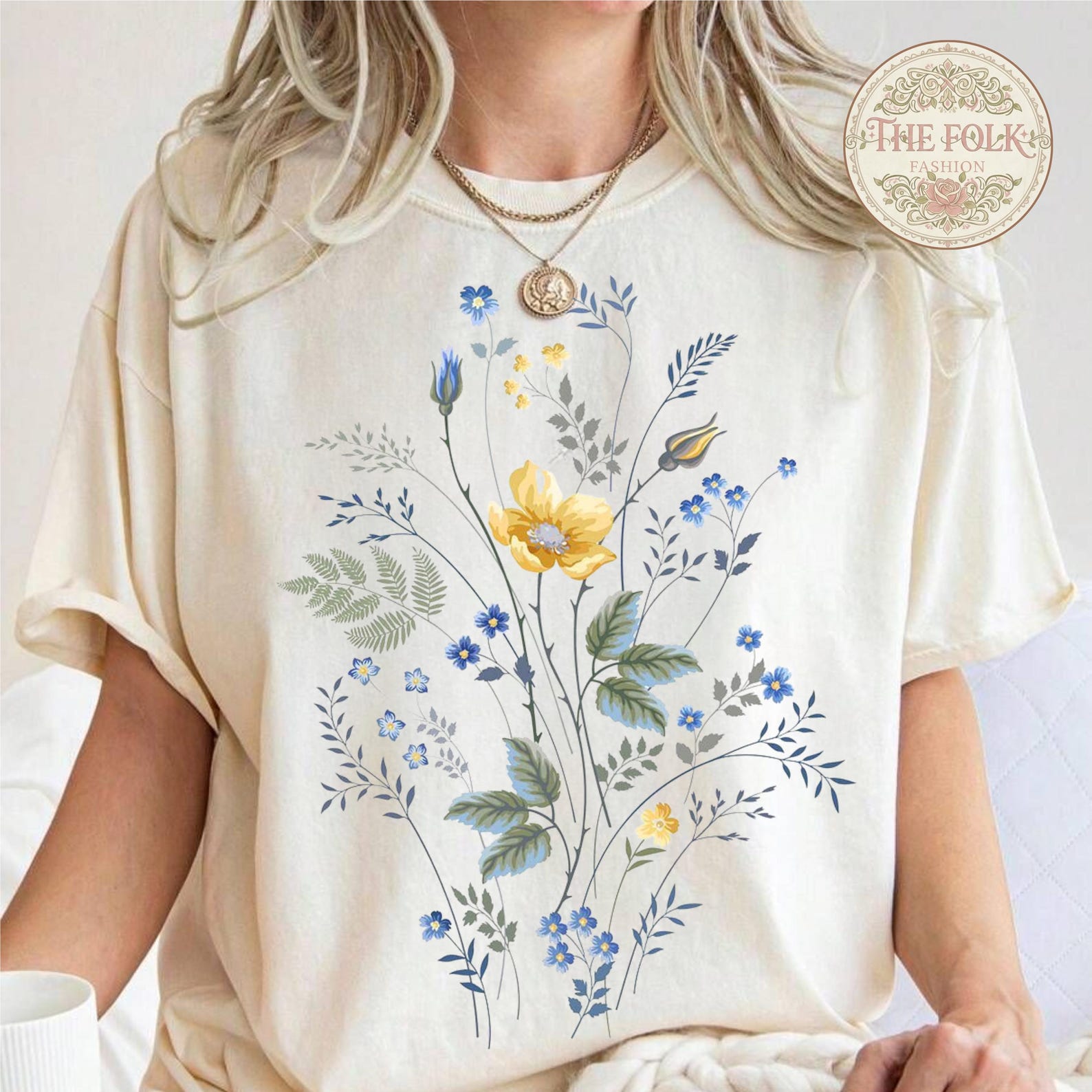 Wildflower Meadow Shirt, Yellow Floral Graphic Tee, Botanical Blue Flower Tshirt, Comfort Colors Nature Shirt, Aesthetic Garden Lover Gift S