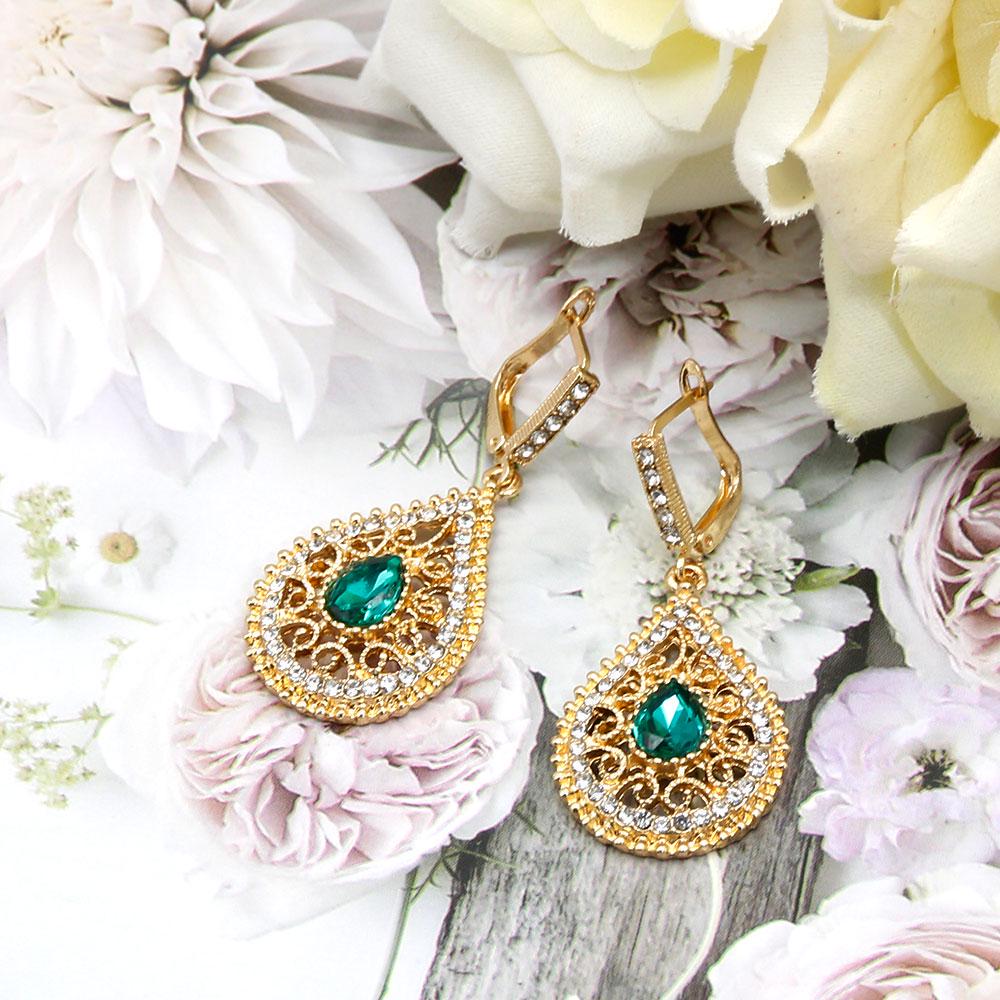 

Золотые висячие серьги с каплями воды для женщин, этнические свадебные украшения, полые цветы со стразами, свадебные подарки зелёный
