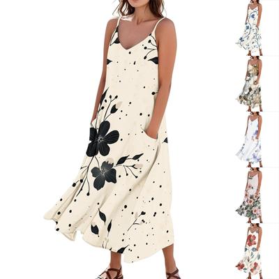 Women's Casual Tie- Floral Print Sleeveless Pocket Dress