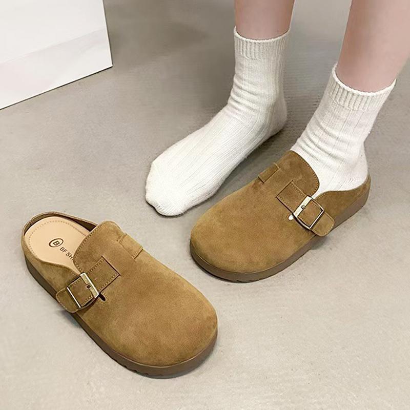 

Fashion Classic Belt Buckle Slides Shoes Ladies Slip On Flats Thicken Soled Sandals Women Flock Cover Toe Clog Mules Femme Cork Slippers 35 жёлтый