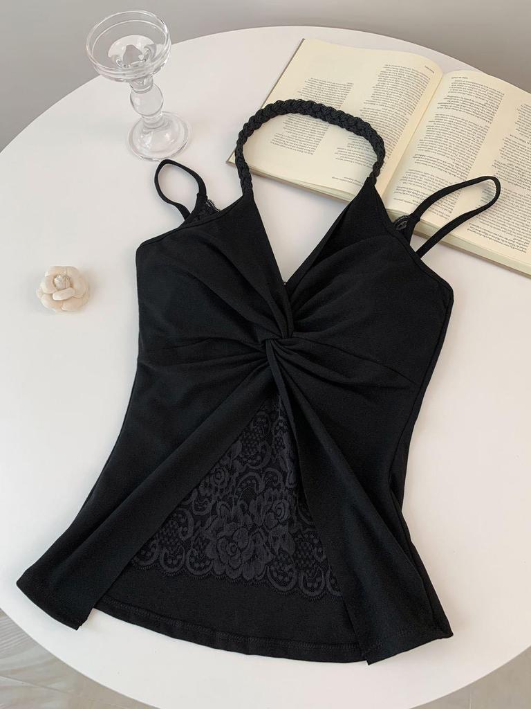 Women's Sexy Lace Halter Top with Padded Bust - Slimming Faux Two-Piece Versatile Tank