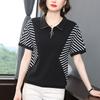 New Women's Clothing Elegant Fashion Loose Round Neck Simplicity Pullovers Zipper Striped Patchwork Button  Summer T-Shirts