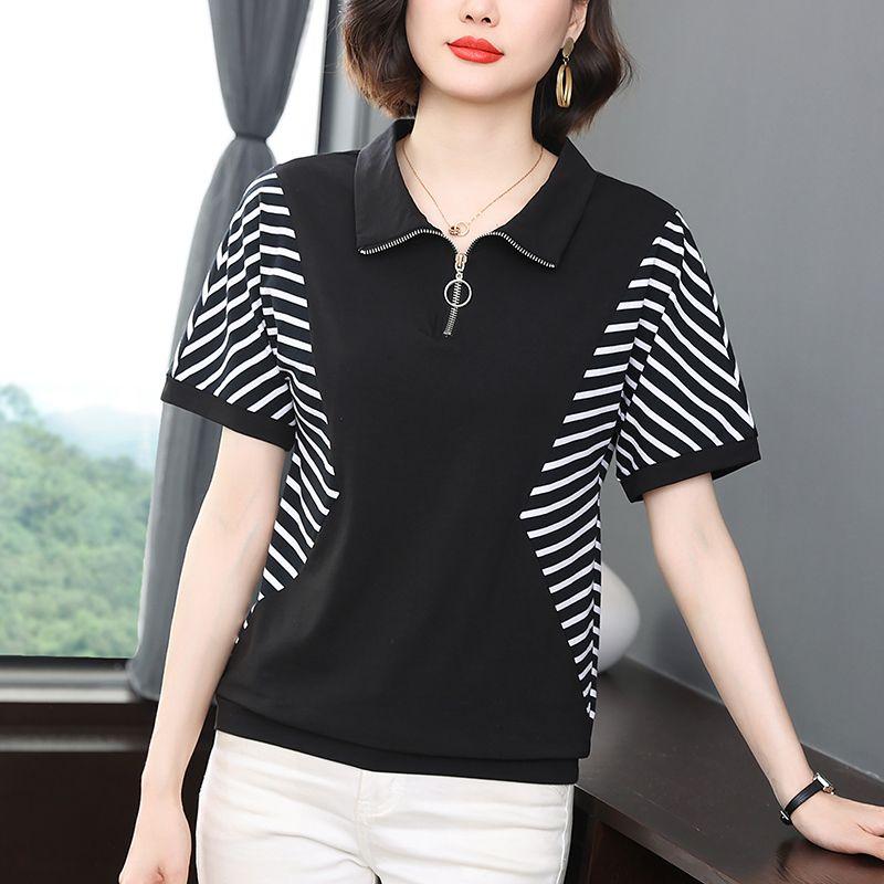New Women's Clothing Elegant Fashion Loose Round Neck Simplicity Pullovers Zipper Striped Patchwork Button  Summer T-Shirts