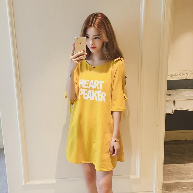 Summer Korean version bow letter printing five-quarter sleeve T-shirt women's top women's clothing medium and long shoulder-spilling T-shirt skirt