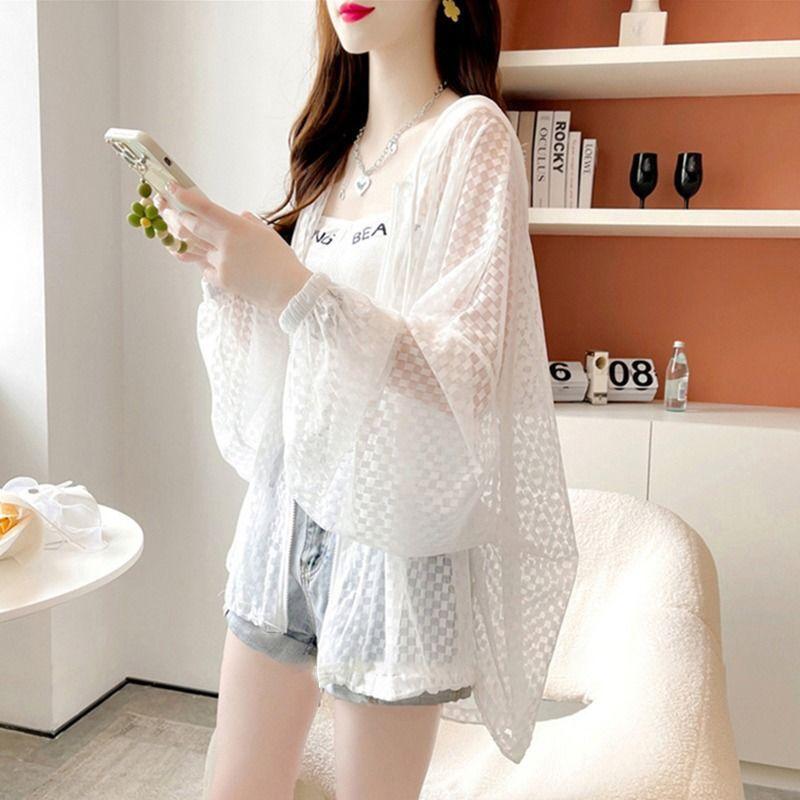 Letní tenká krajková dutá bunda na ochranu proti slunci Designová citlivost Zip Volný střih Dlouhý rukáv Dámské oblečení