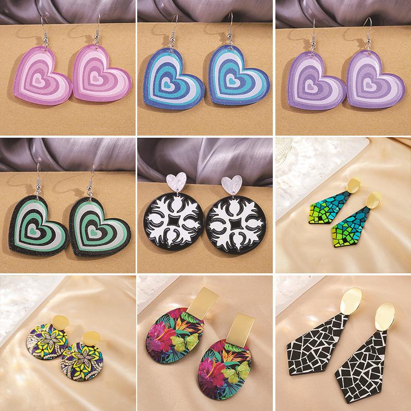 Brincos Vintage Florais Grafitados Estilo Boêmio para Mulheres Personalidade Design Geométrico Acrílico Pendente Zircônia