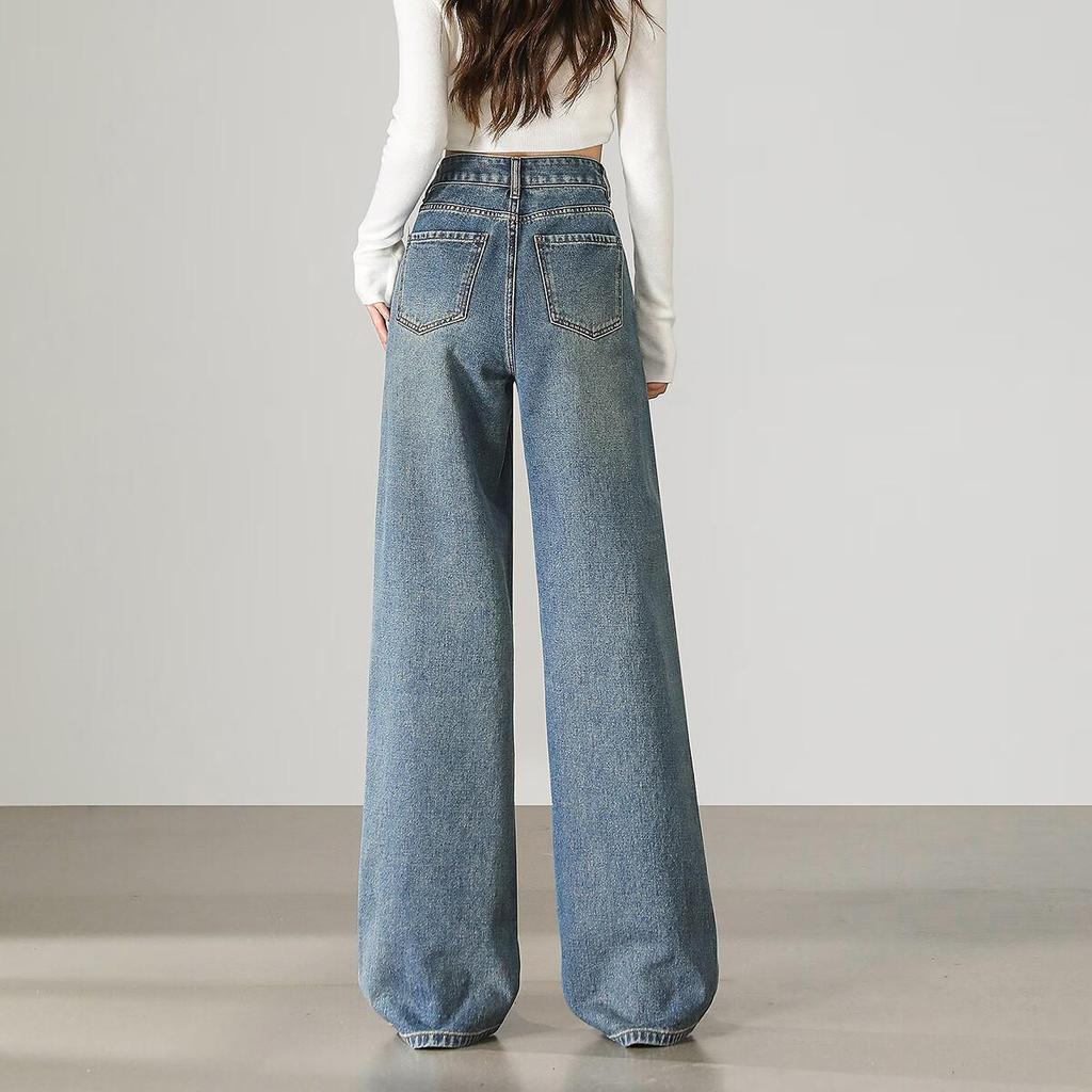 TonLion Autumn Winter Women's Loose Sequin Decorated Wide-Leg Denim Pants