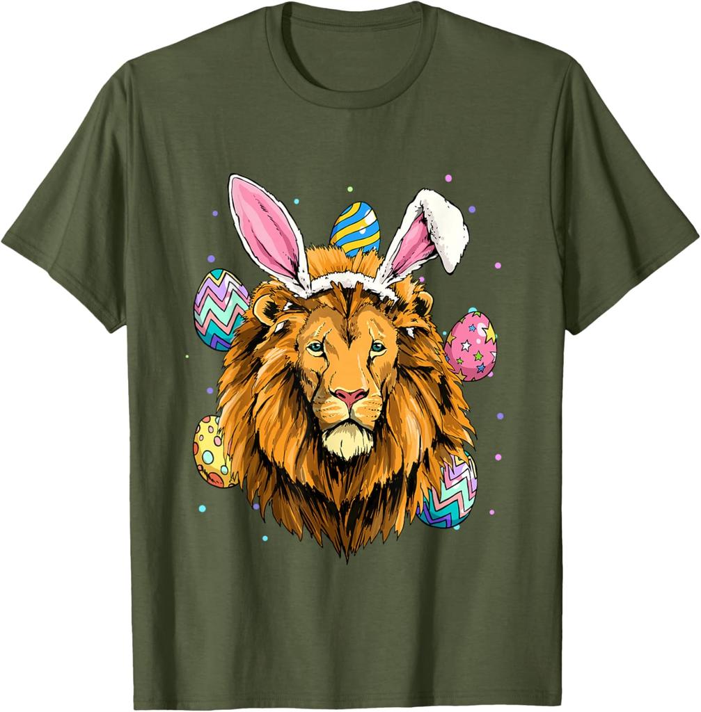 Lion Wearing Easter Bunny Ears Graphic Tee Cotton Short Sleeve Crew Neck Casual T-Shirt