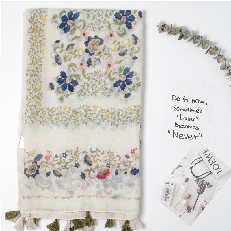 

Хлопково-льняной шарф Mori Girl с цветочным узором и кисточками ручной работы - Многофункциональная шаль для защиты от солнца 180x100 cm