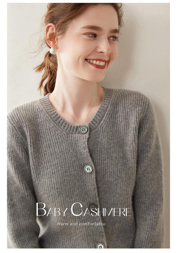 2024 Women's Cashmere Ribbed Round Neck Loose Knit Cardigan Sweater for Autumn/Winter
