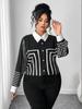 2026 Spring Plus Size Women's Color Block Digital Print Long Sleeve Shirt