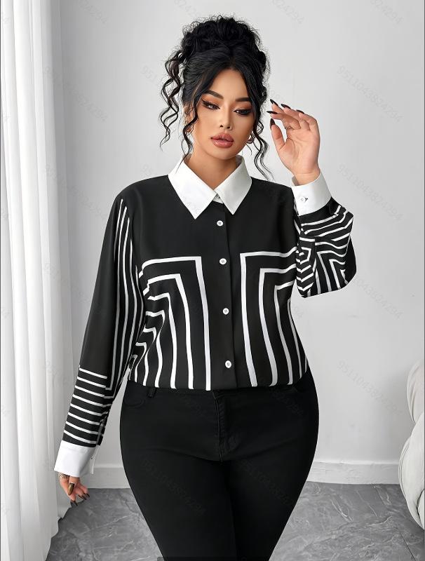 2026 Spring Plus Size Women's Color Block Digital Print Long Sleeve Shirt