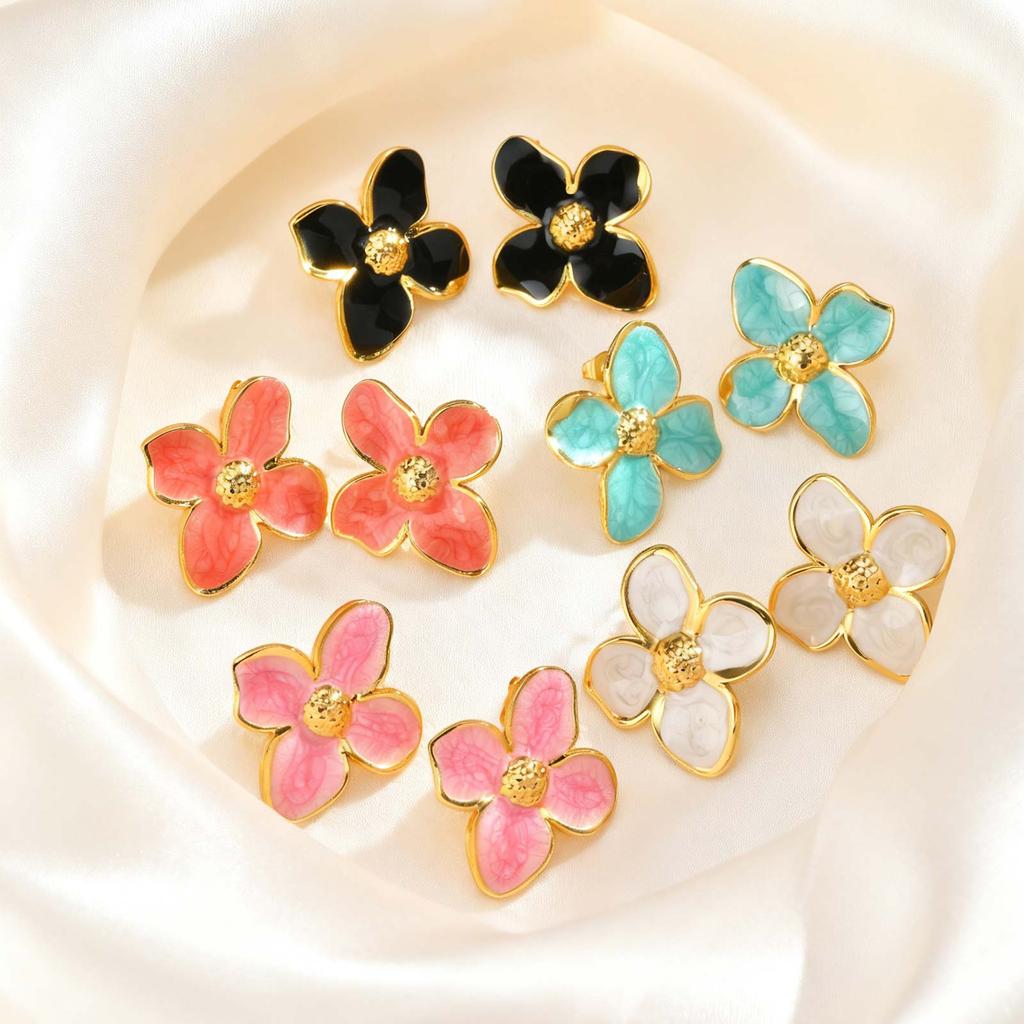 Elegant Glaze Blue Flower Stud Earrings Waterproof Women's Stainless Steel Stud Earrings Stylish Unique Jewelry Gift