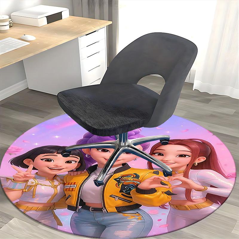 1pc Anime Design Round Carpet - Office Chair Mat with Heart-Shaped Hand Gesture and Floral Print, Suitable for Home Decor, Gaming Room