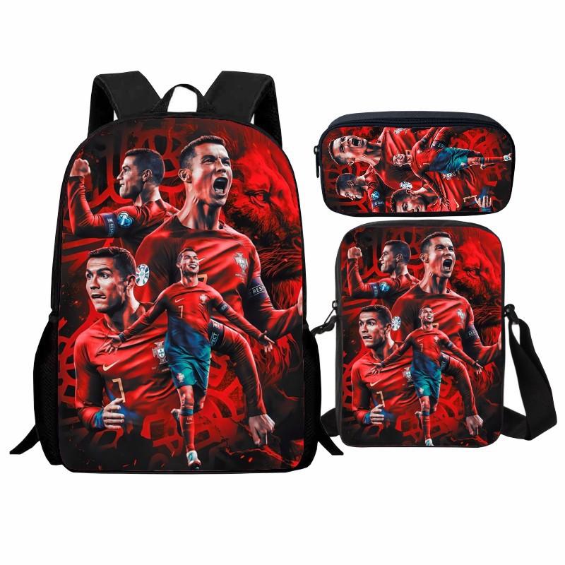 Printed Football Star Student Schoolbag Three-piece Set, Casual Cr7 Backpack, Messenger Bag, Pencil Bag, Men and Women