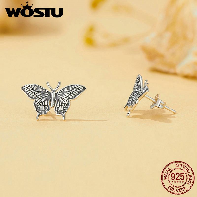 WOSTU 925 Sterling Sølv Vintage Sommerfugl Ørestikker Kvinner Retro Insest Kreative Kvinnelige Ørestikker Festgave Daglige Smykker