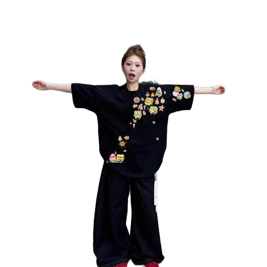 American Retro Black Short-sleeved T-shirt Women's New Design Sense Niche Student Loose Half-sleeved Top Clothing Summer