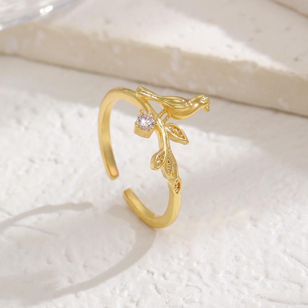 Exquisite Charm Gold Color Inlay Zircon Crown Little Bird Branch Opening Ring for Woman Stainless Steel Cute Animal Jewelry Gift