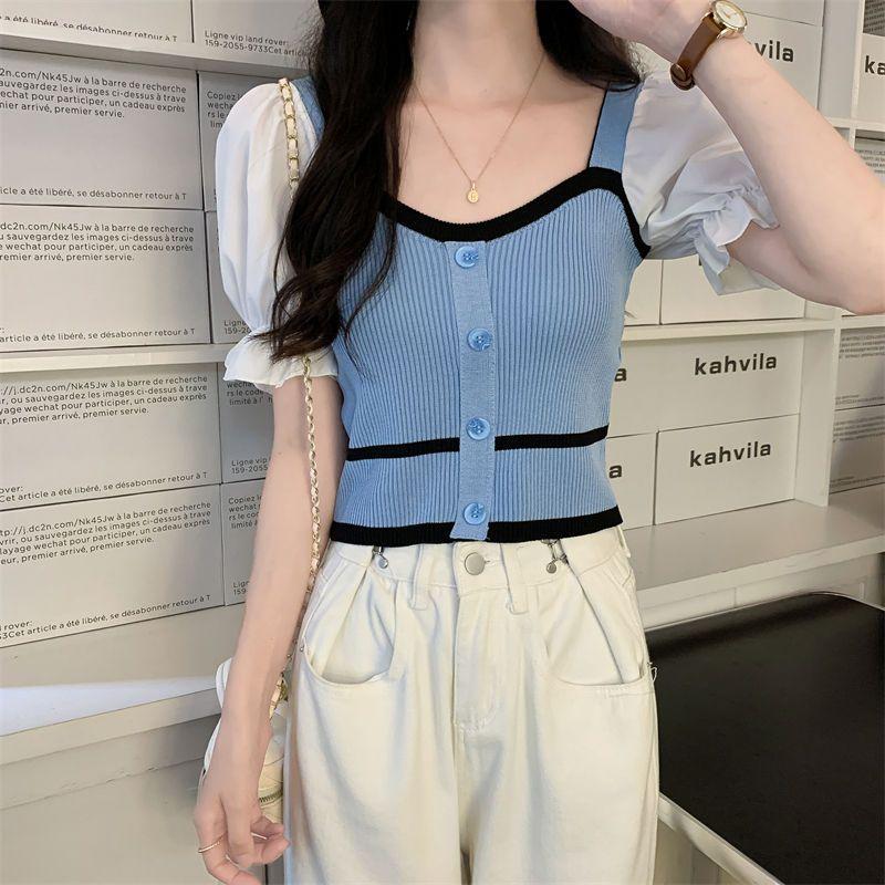 

Футболка с короткими рукавами для женщин, летний дизайн, контрастный цвет, рукава-фонарики, футболка с квадратным вырезом, короткий трикотажный топ L