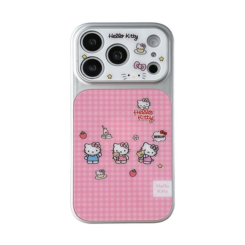 

Cute Pink Plaid Hello Kitty Phone Case For iPhone 17 16 15 14 Pro Max Kawaii Large Window Protective Cover for Girls For iPhone 17ProMax