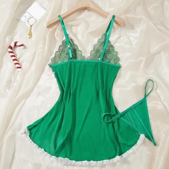 Plus Size Sexy Babydoll Nightdress for Women, V Neck Lace Sheer Mesh Nightgown, Spaghetti Strap Chemise Slip Dress with Thong