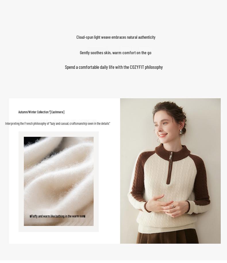 Half-Zip Color-Block Cashmere Women's Knit Sweater - Loose, Slimming, Soft, and Skin-Friendly Fashion Sweater