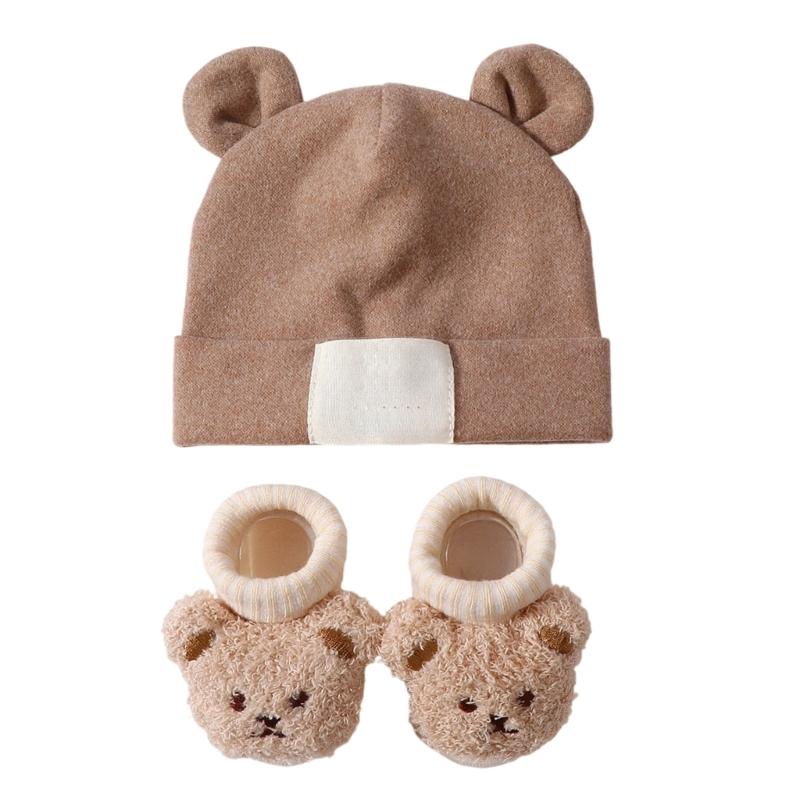 Atmungsaktive Babymütze mit Ohrenmuster und Socken Elastische Baumwoll-Polyester-Mischung Sanft zu empfindlicher Haut Sicherer Sitz für Säuglinge