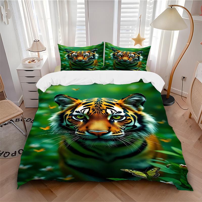 3Pcs Tiger Print Printed Bedding Set, Breathable And Soft, Machine Washable, Christmas Gift, Suitable for Bedroom Decoration, 15143