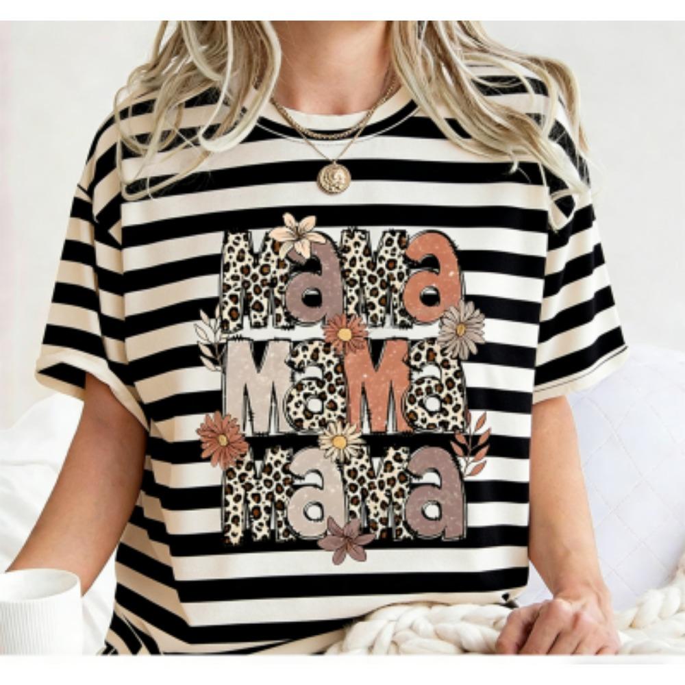 

Funny Striped Flower Leopard Mama Letter Print Kids Short Sleeves T-Shirt Loose Casual Summer Outdoor Street Boy and Girl Tees Tops 100
