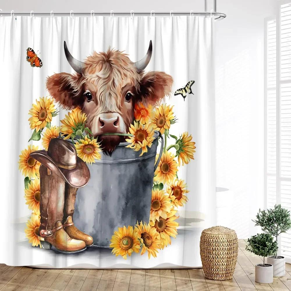 Cow Shower Curtain, Farm Animals Watercolor Spring Cartoon Rustic Plank Flower Butterfly Barrel Sunflower Cowboy Bathroom Decor