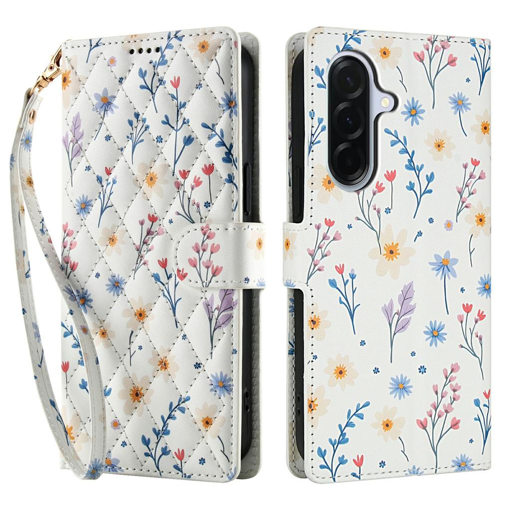 For Samsung Galaxy A36 5G/A56 5G Lommebokdeksel Rombeformet Blomsterdesign Lær Flipptelefondeksel med Stropp