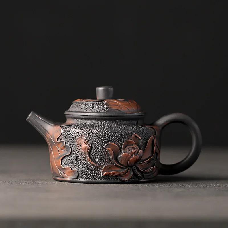 Kina Jianshui Lilla Leire Svart Keramikk Håndlaget Full Drage Utskjæring Tekanne Kjele Porselen Kung Fu Tesett Drikkeglass
