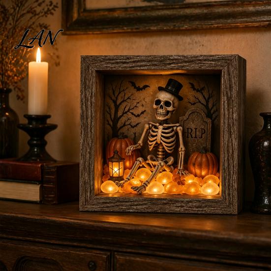 Small Halloween Figures Lighted Frame Ornaments, Light Up Shadow Box, Warm Festive Party Supplies Atmosphere LED Lights for Home Living Room