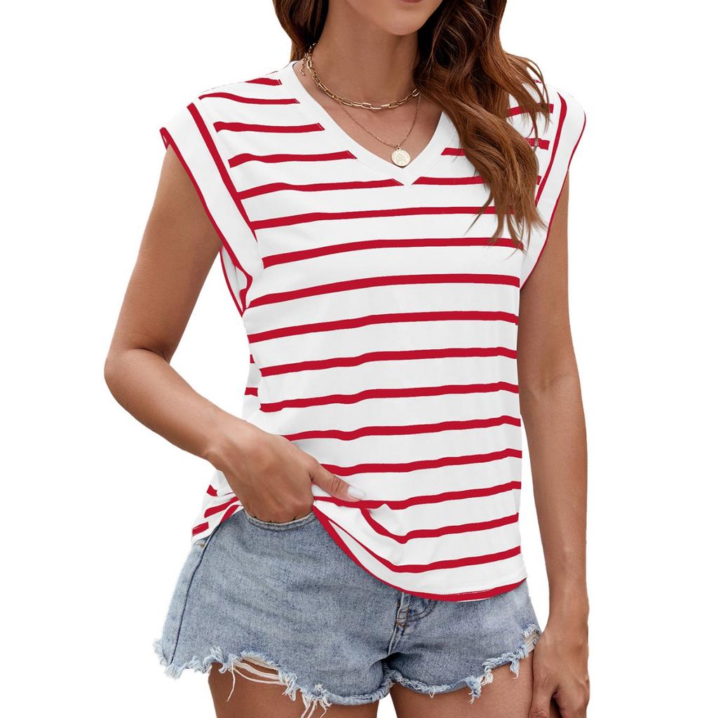 Summer V-neck Striped Loose Short Sleeve T-shirt Top for Women, European American Cross-border Women's Clothing In Stock