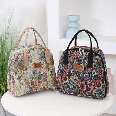 Retro Canvas Lunch Box Handbag Large Capacity Thermal Picnic Bag Layer Lunch Box Storage Bag For Working Oil Painting Style Portable Bento Bag
