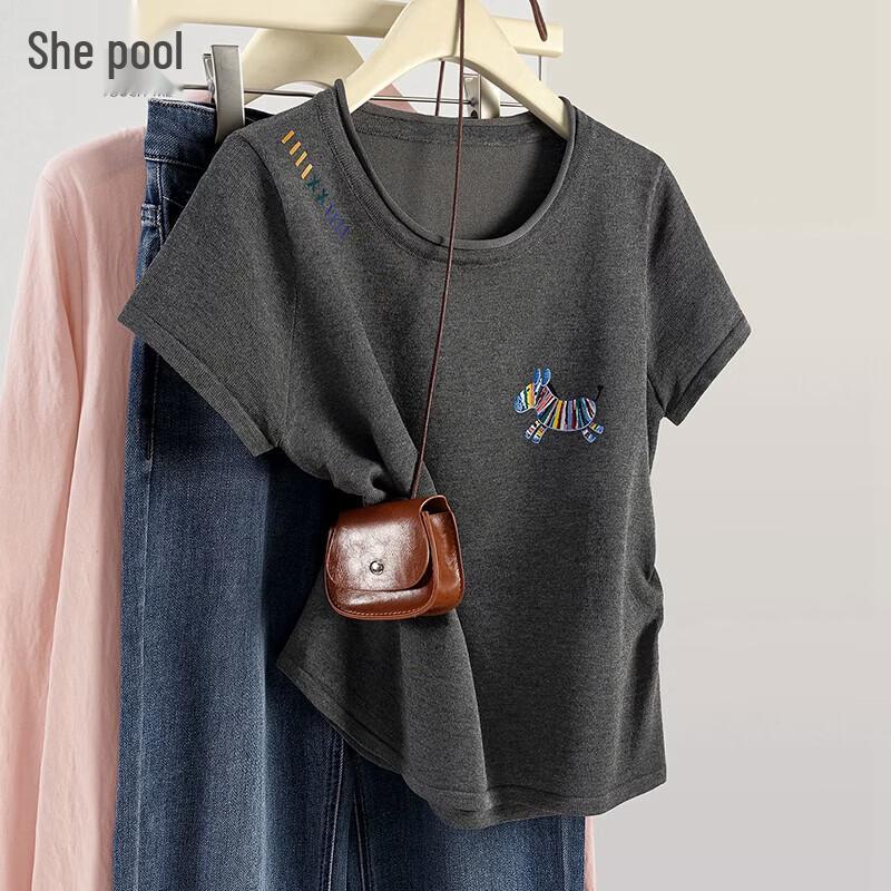 Women s Cartoon Embroidered Ice Silk Knit T-shirt M