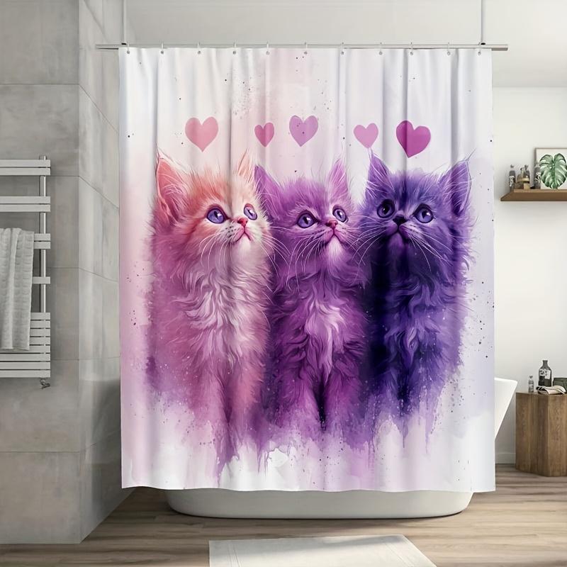 1PC Pastel Pink & Purple Cat Shower Curtain, Durable Polyester, Easy Clean, with Hooks, Ideal for Bathroom & Window Decor