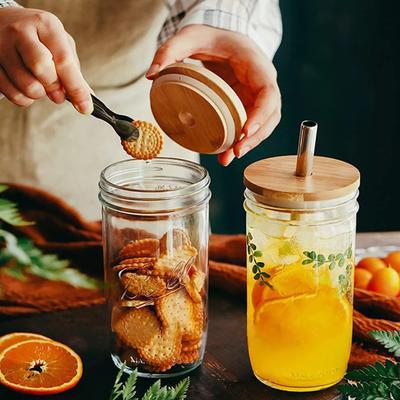 4 Pcs Bamboo Lid with Straw Hole Leak-proof Silicone Seal Lid Canning Lid Regular Mouth Jars Replacement Bamboo Lid