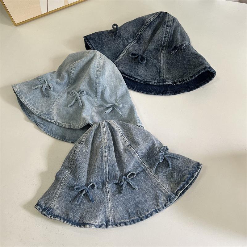 

Sweet and cute bow retro face little fisherman hat children do old denim sunshade foldable sunscreen hat tide M（56-58cm） темно-синього кольору