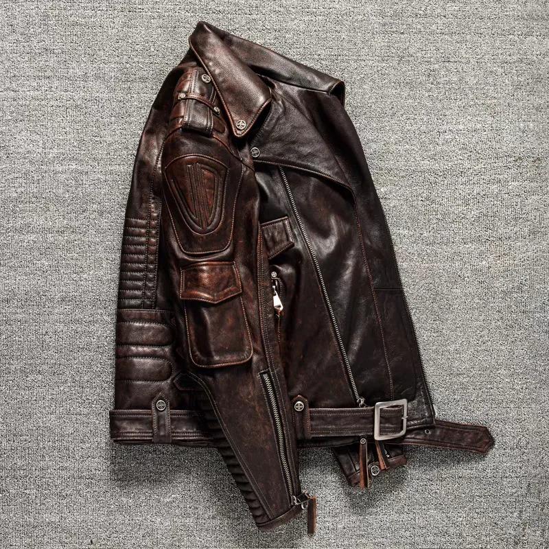 Chinese Size Men's Heavy Motorcycle Jacket Natural Cowhide Leather Top Layer Causal Vintage Retro Moto Suit Leather Coat Winter